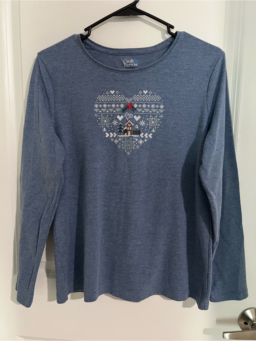 croft & barrow Blue Long-Sleeve Tee with Heart Village Graphic